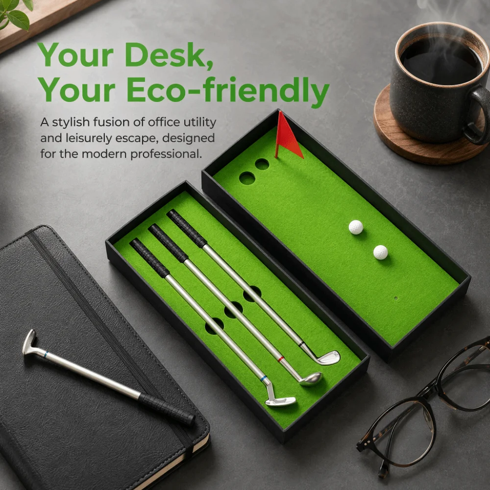 7PCS Smooth Writing Golfers Pen Set Simulated Mini Design Putting Green Base Golfers Club Pen Set Lightweight Ball Pen Tip