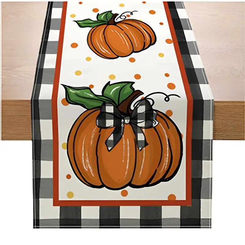 VIKAMA 2/4/6pcs Autumn Harvest Table Runner Pumpkin goblin Maple Leaf Black and White Grid Table Flag Rural Style Desktop Decor