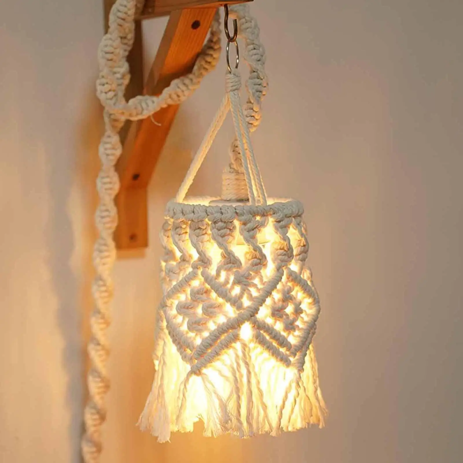 Boho Macrame Lamp Shade Round Handmade Light Fixture for Room Decoration Nursery Dining Ceiling Pendant