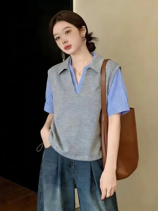

plus Size Patchwork V-Neck Short Sleeve Shirt Women's Fashion Slimming Versatile Top Korean Style Breathable Skin-Friendly