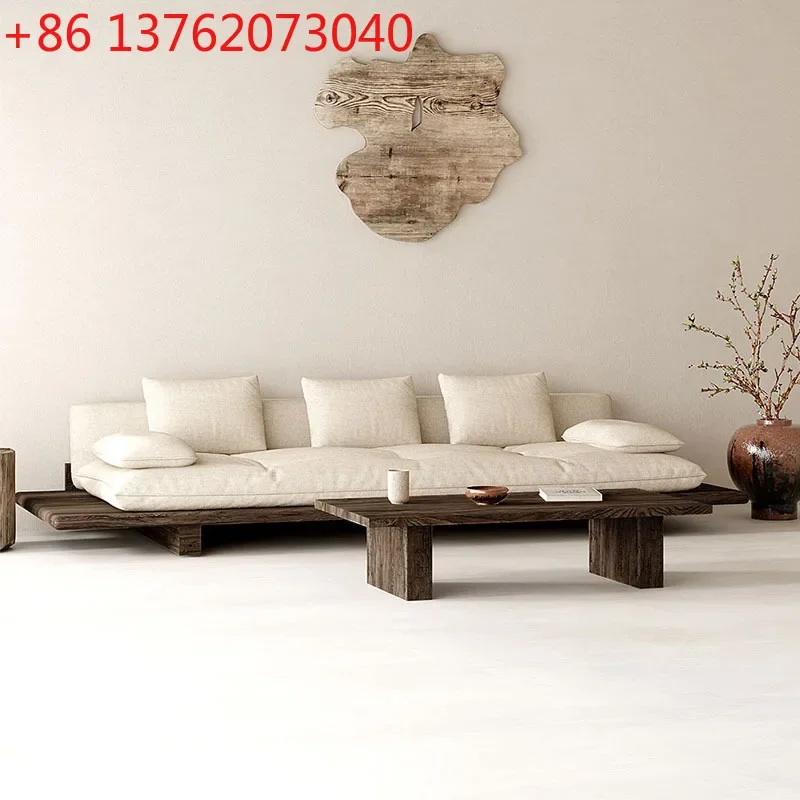 Wabi Sand Wind Solid Wood Log Chinese Minimalist Straight Row Atmospheric Three-person Sofa