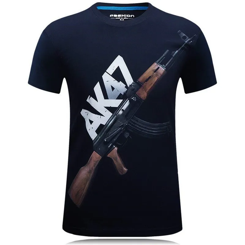 Men\'s Summer Personality Short Sleeve T-shirt Ak 47 Gun Printed Army Fan Tough Guy Wind Speed Dry O Neck Shirt Punk Large Top