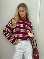 Wolfeel  Women's Vintage Inspired Retro Striped Polo Collar Oversized Drop Shoulder Long Sleeve  T-Shirt Trendy  Casual Top - Image 6