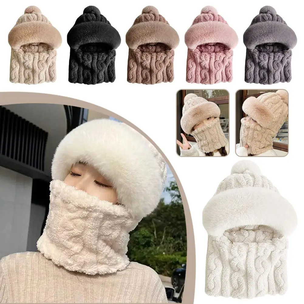 Wintermütze für Damen, mit Kapuze, Gesichtsmaske, Flusen, warm halten, verdickter Stil, Halstuch, Kapuzenmütze, Beanie, gestrickt, Kaschmir, Halswärmer