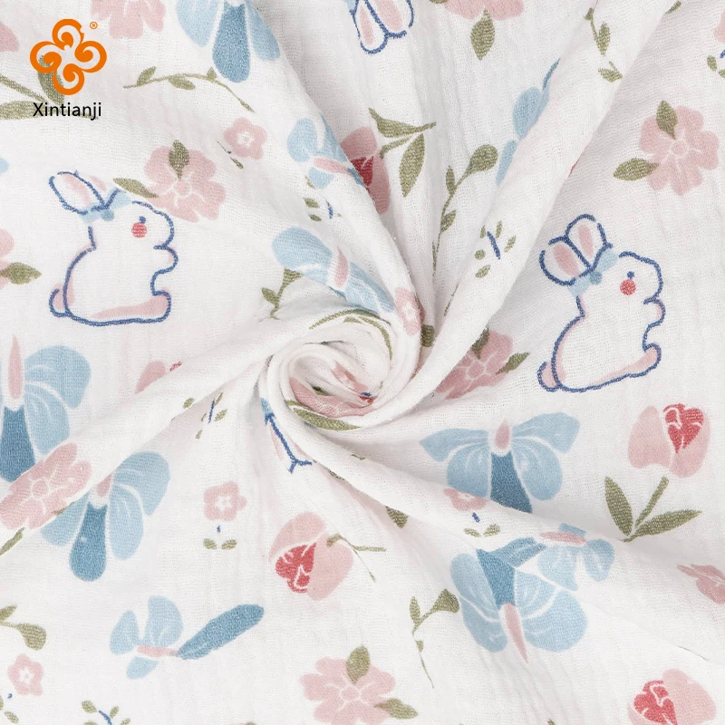 1/3/5 Meters Cotton Gauze Fabric Double-Layer Soft Cute Rabbit pattern Making Blanket Quilting Children Cloth Pajamas DIY Sewing