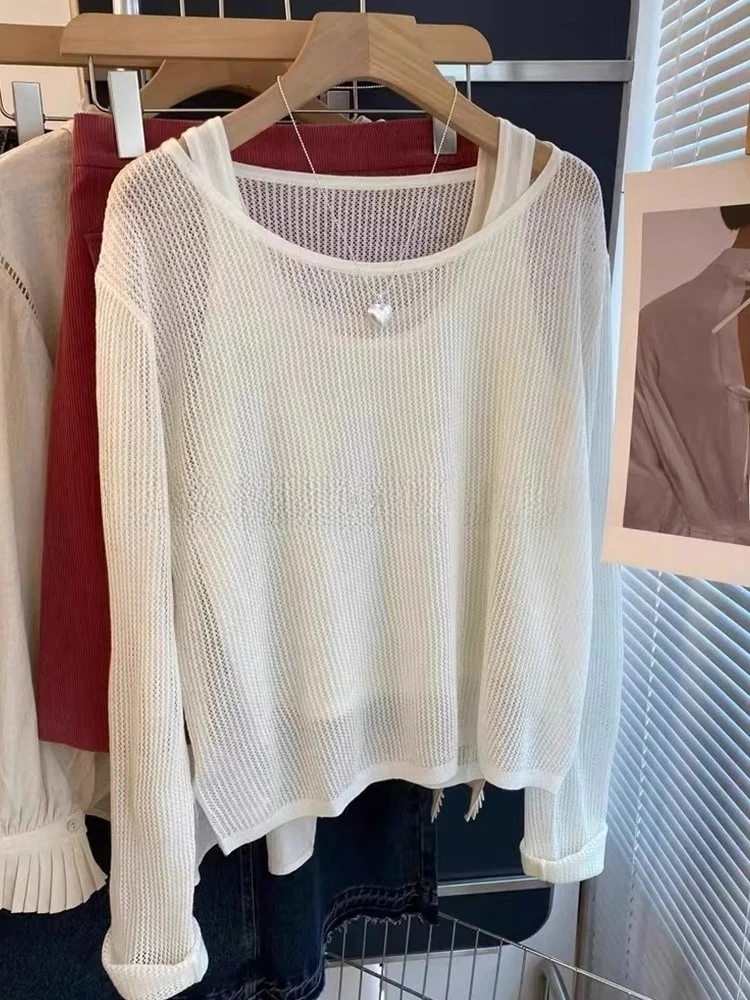 

Women's Knitted Woolen Hollow out Casual Top Loose Fit Sweater Two-Piece Set Color Faionable Slimming Sle