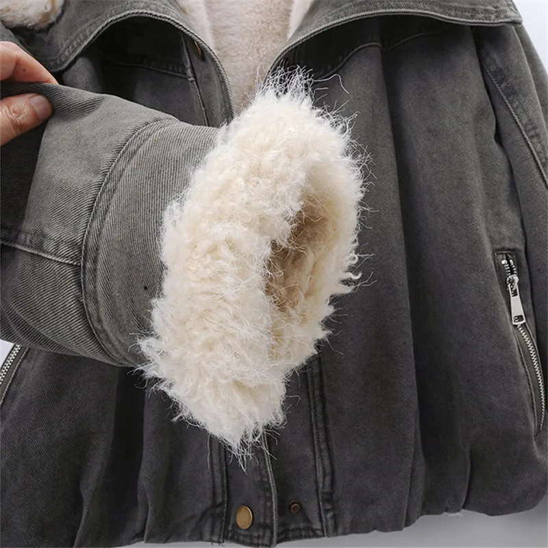 

Light Blue Dark Blue Thick Warm Lambswool Liner Denim Coat Loose Casual Lapel Zipper Long Sleeve Winter Female Cowboy Outerwear