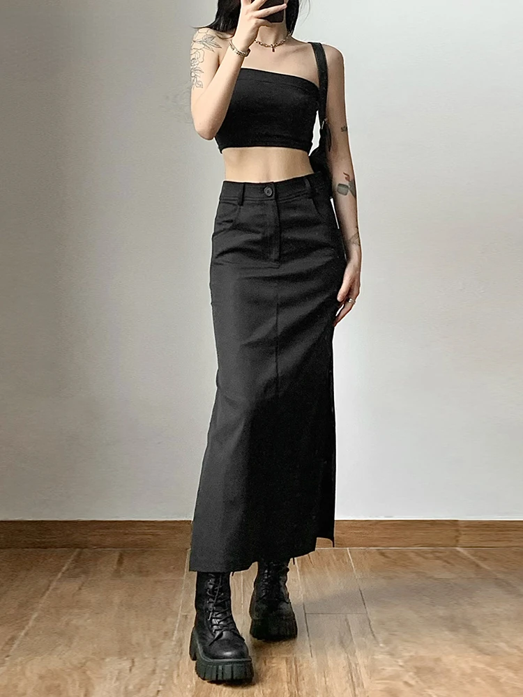 

Summer Women's Mature Feminine Simple Black Split Sexy Slim Hot Versatile Light Cool Thin Charm Street Skirt Long