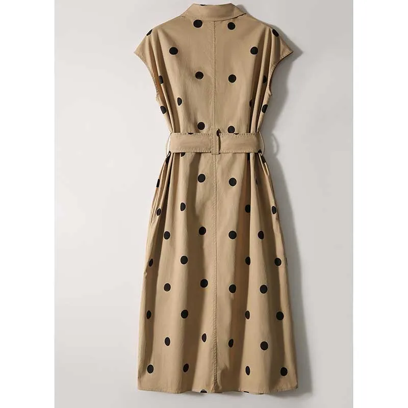 Moda tasche con risvolto fasciatura senza maniche a pois abiti Casual abbigliamento donna 2024 estate nuovo vestito longuette da pendolare allentato