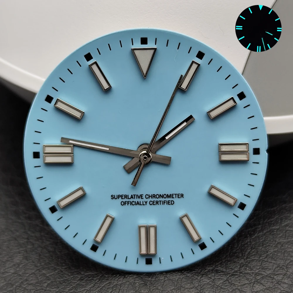 28,5mm Uhrenzifferblatt und Zeiger Set Blau-Grün Leuchtend Passend für NH35 E2824 M8215 Uhrwerk Super Leuchtende Uhrenmodifikation Ersatzteile – Detail 3