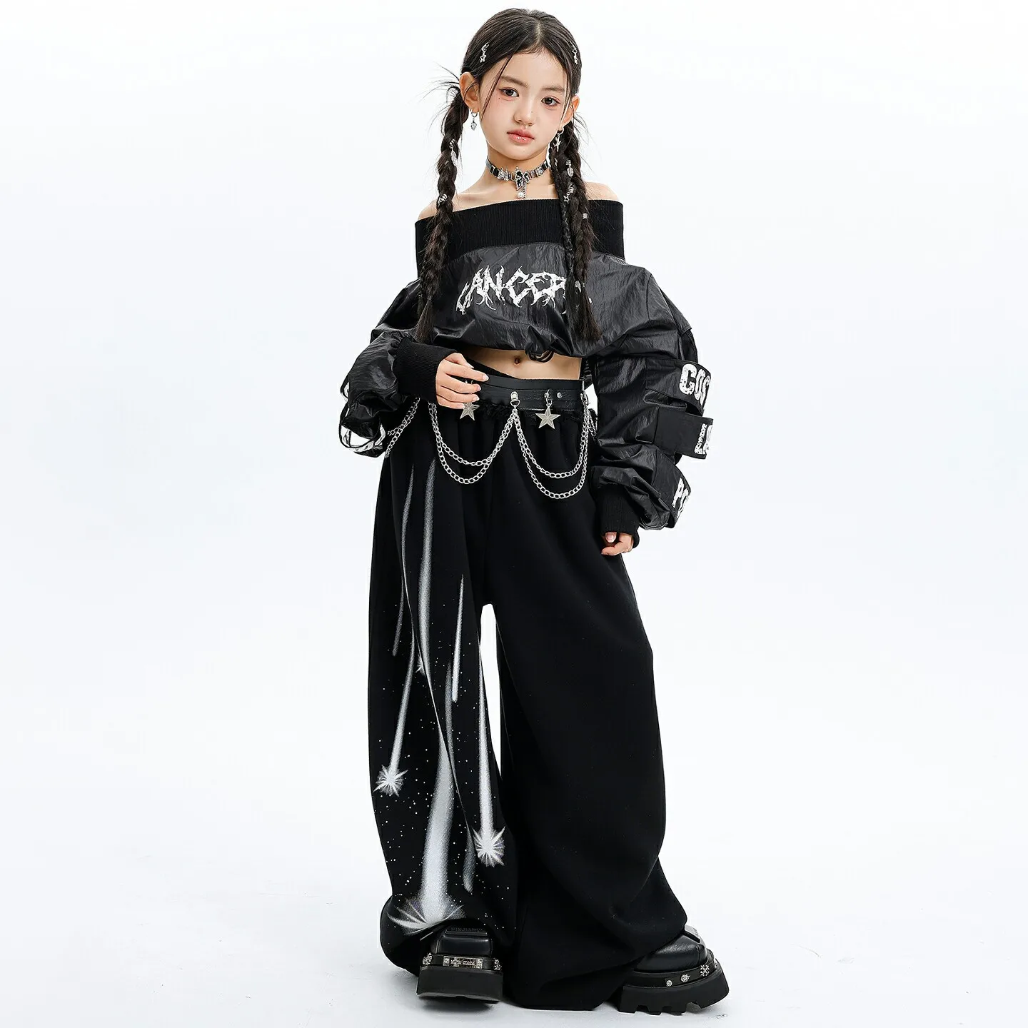 

Kid Kpop Hip Hop Clothing Black Off Shoulder Puff Sleeves Top Meteor Print Sweat Pants for Girls Street Dance Costumes Clothes