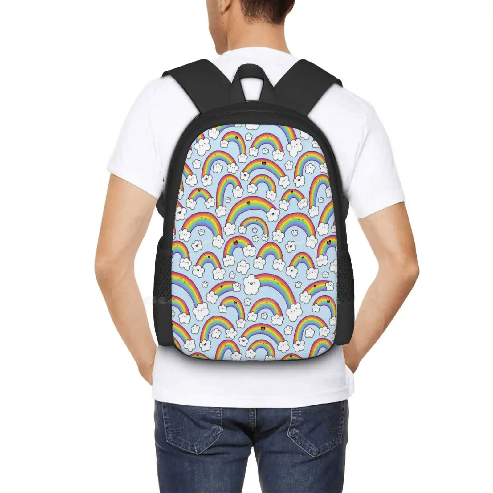 Rainbows Everywhere! Backpack For Student School Laptop Travel Bag Rainbows Pride Kawaii Kirakiradoodles Clouds