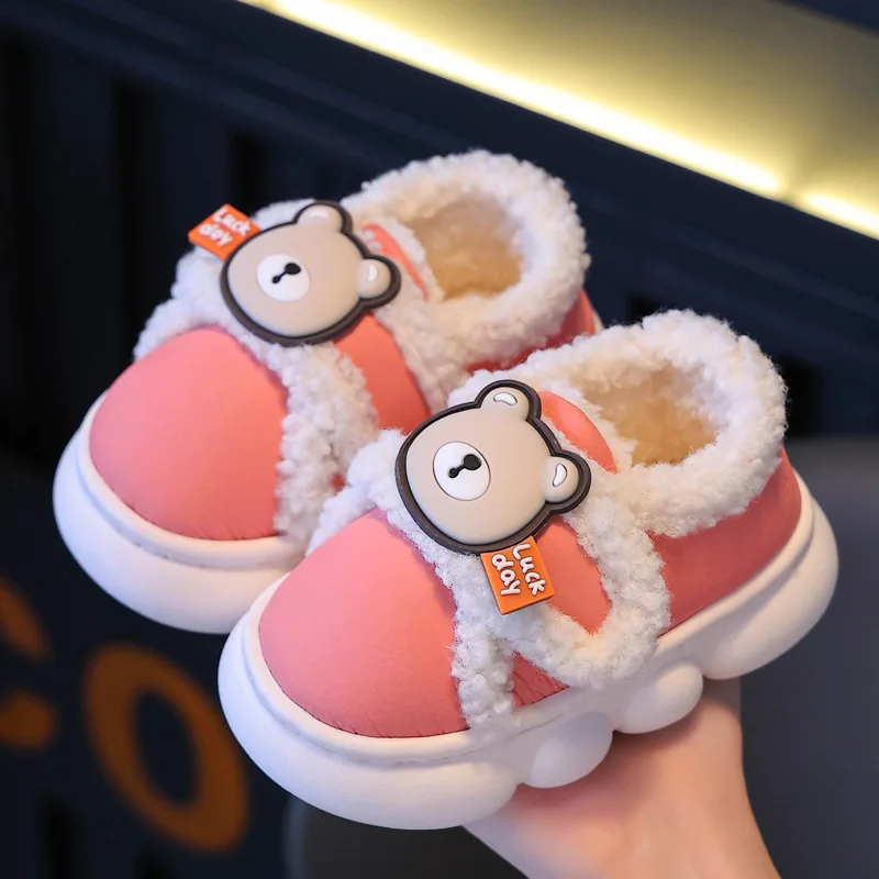 2024 Cartoon Bear Toddler Boys Girls Slippers Winter Warm Plush Kids Slippers Hook Loop Soft Children Indoor Shoes