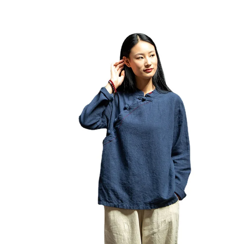 Nouveauté printemps femmes bonne qualité coupe ample décontracté col rond coton lin Blouse simple boutonnage Vintage broderie chemises Y157