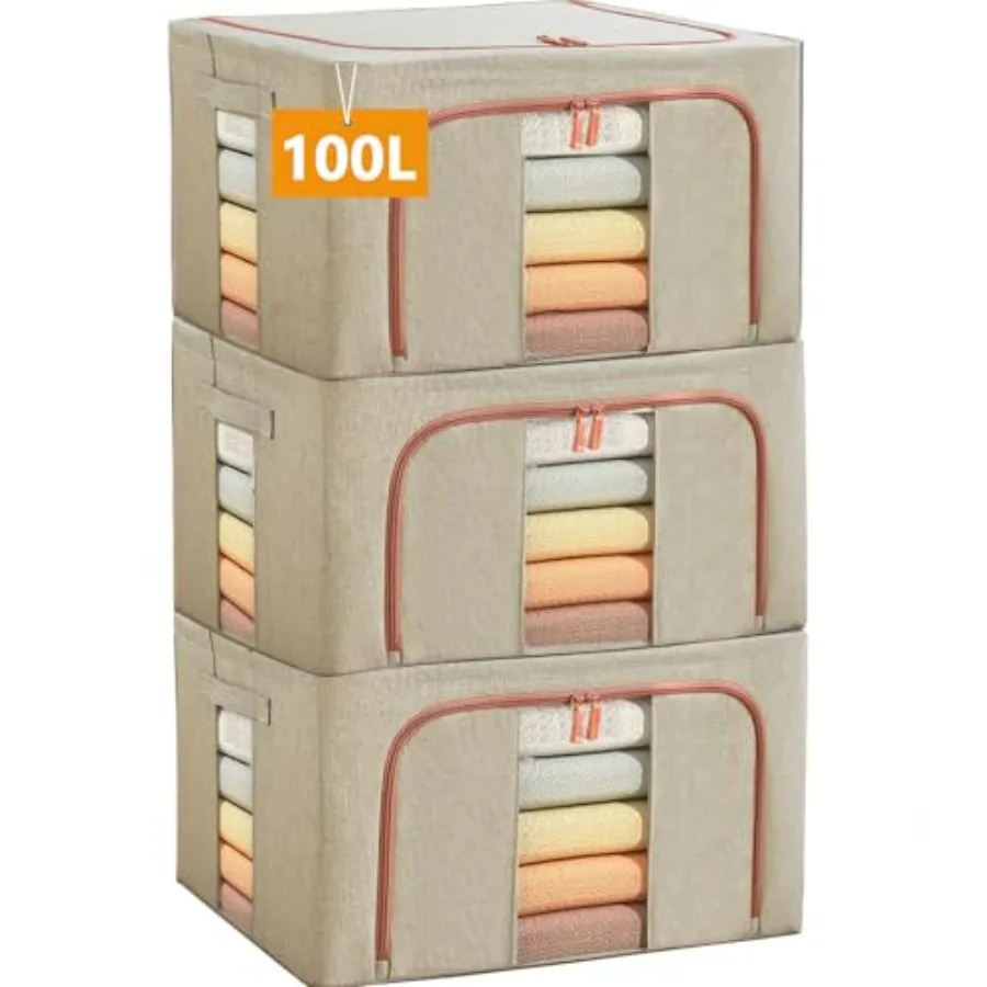

Large, Linen Stackable Clothes Storage Bins with Hold Shape Metal Frame, 2 Opening Ways Fabric Visible Lidded Foldable Closet O