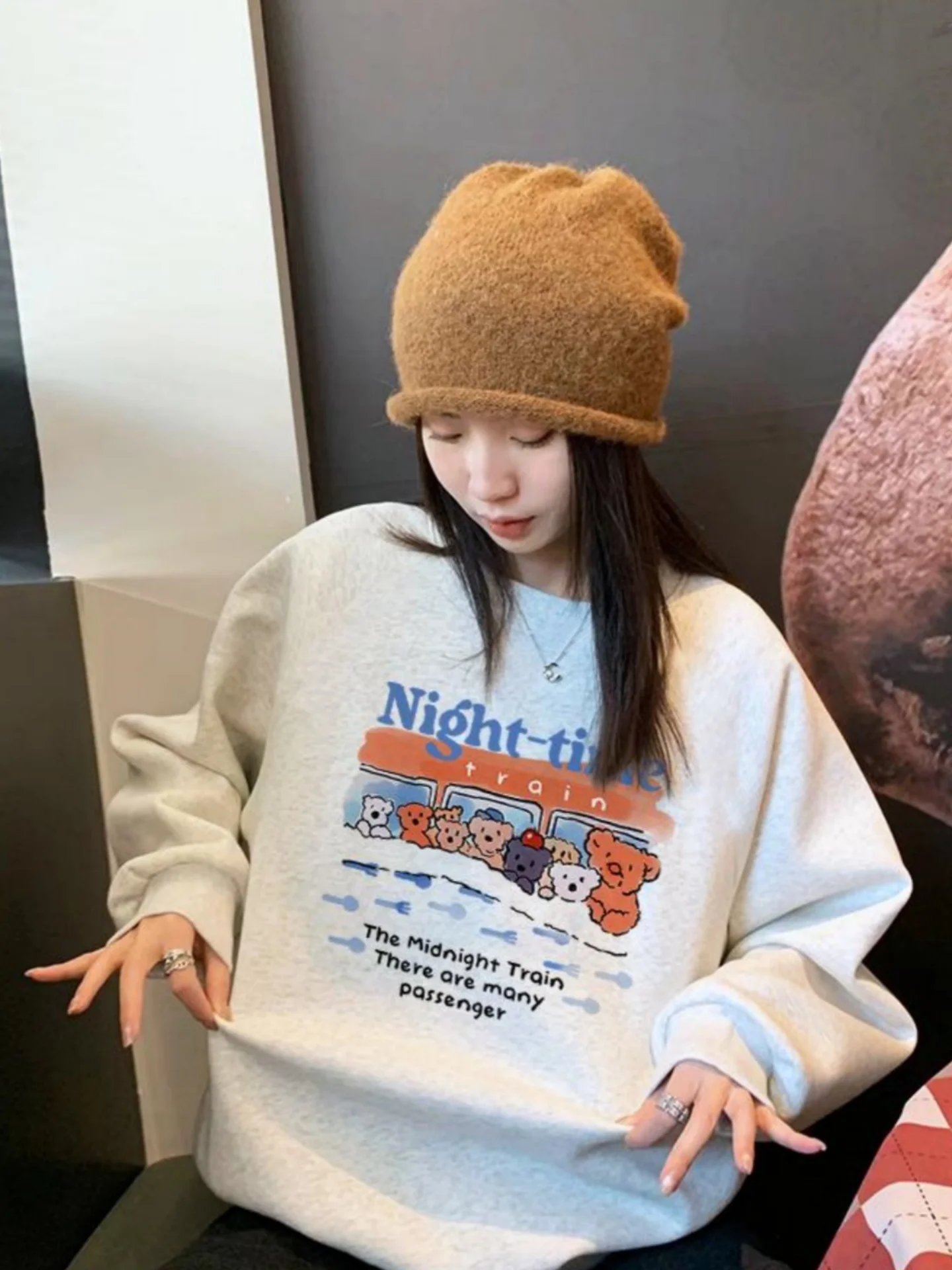 

Retro Sle Fce Lined Thiened Hoodie Women's Cute Cartoon Bear Print Oversized Hear Winter Sweatirt Korean Sle