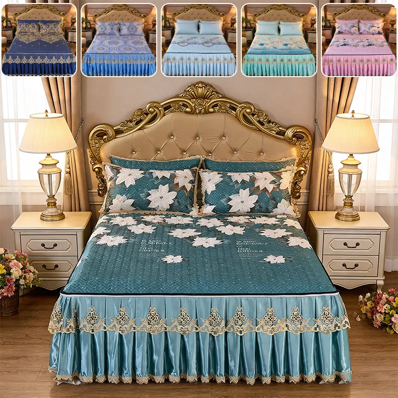 3PCS Luxury Lace Bed Skirt Thick Quilted Mattress Protector Washable Dustproof Bed Cover Soft Breathy Bedding Set for All Season