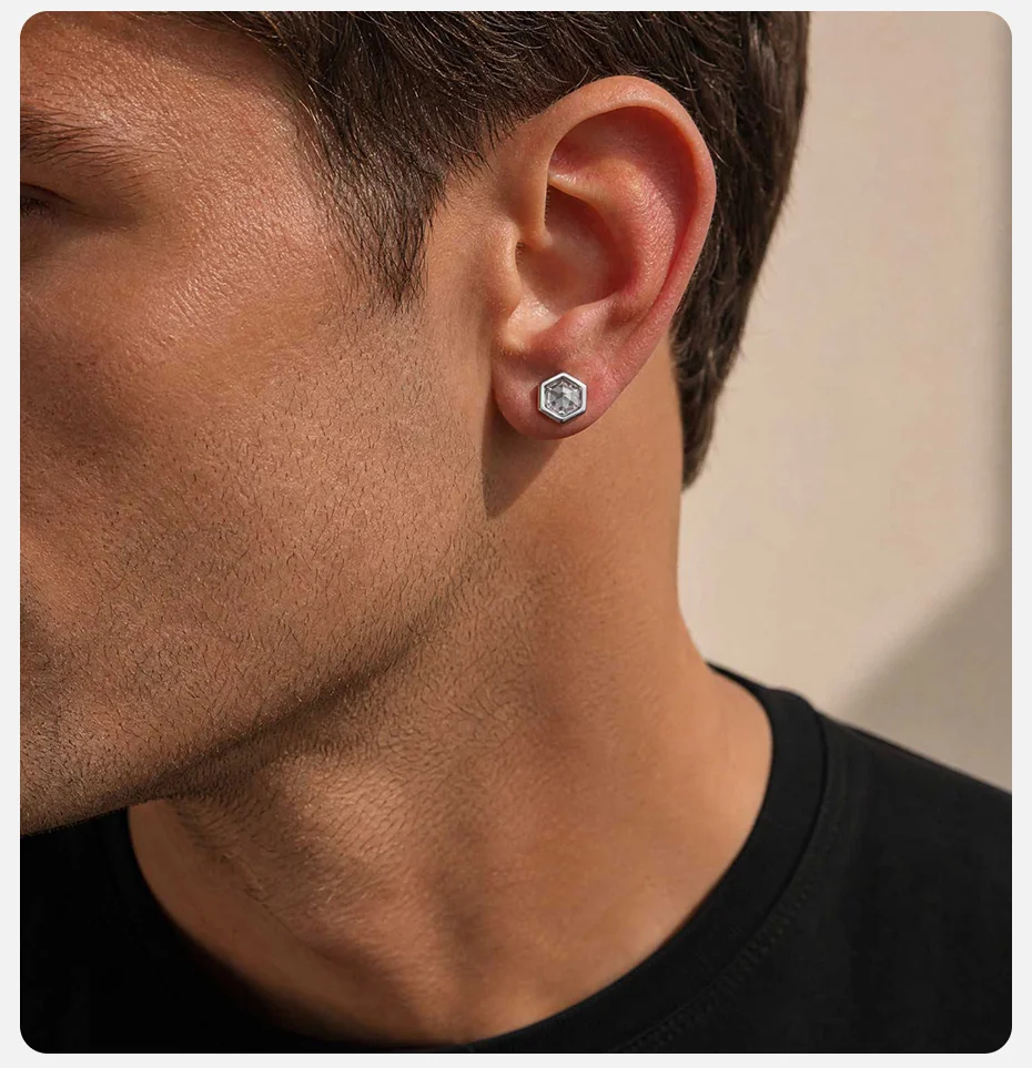 Vnox Sechseckiger Schwarz-Weißer Zirkon Magnetischer Ohrclip aus Edelstahl, Nicht-Durchstechende Ohrringe für Männer, Geometrischer Ohrschmuck ohne Loch, Geschenk – Detail 3