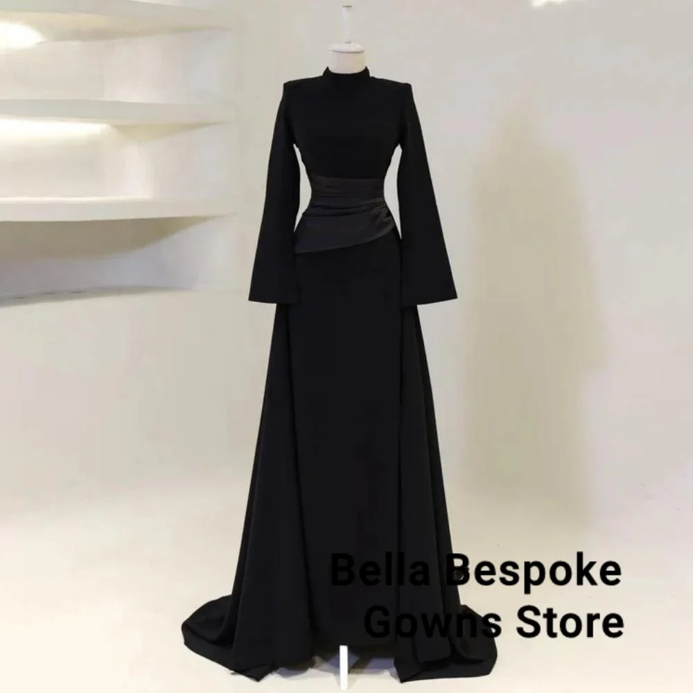 

Burgundy Elegant Prom Dresses High-Neck Long Sleeves Mermaid Evening Dresses Satin Muslim Formal Gowns Dubai Customized