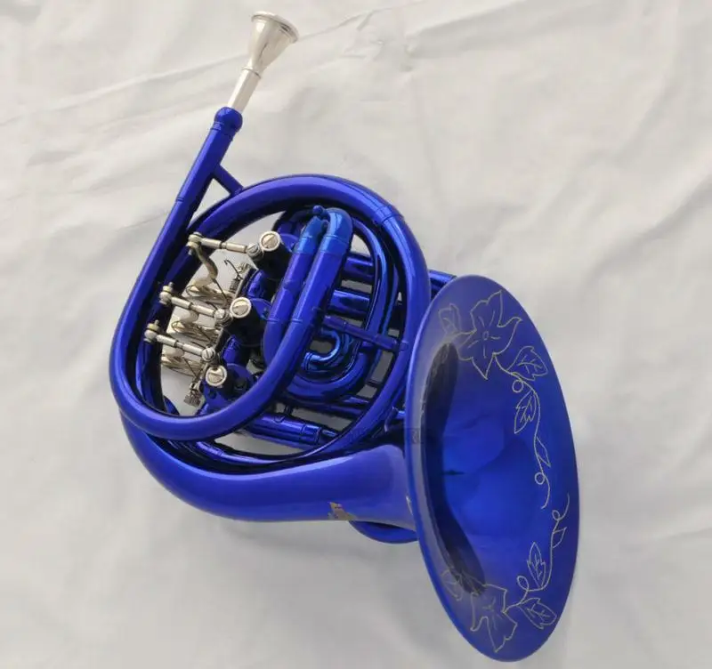 Hot sale Blue Piccolo MiNi French Horn Bb Key Pocket horn Engraving Bell New Case