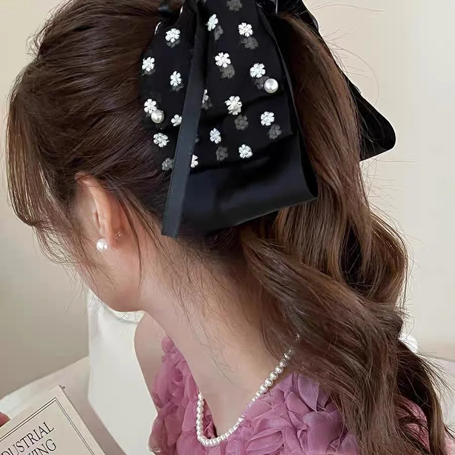 Pearl Print Big Bow Ribbon Hairpin Hair Claw Female French Back Head Flower Hairpin Chiffon Hair Clamp Women Hair Accessories