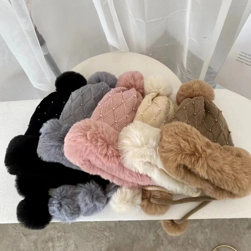 Sombrero de suéter de bola de piel sintética para niña, gorro de punto de perlas engrosadas, a prueba de frío, a prueba de viento, cálido, nuevo