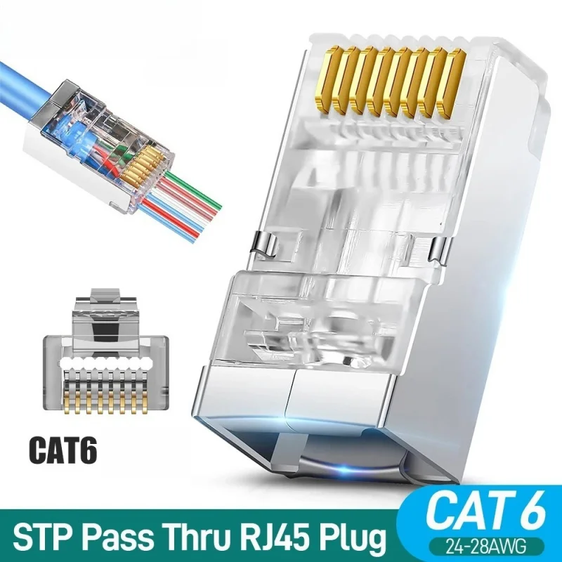 

Разъем RJ45 CAT6A CAT6, сквозные модульные вилки STP, экранированный, 50U, позолоченный, сетевой штекер Ethernet для кабеля Lan