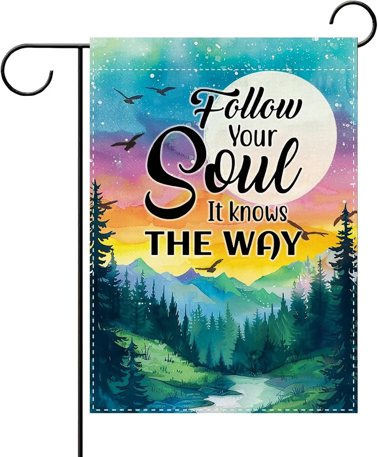 Follow Your Soul It Knows The Way Inspirational Decorative Garden Flag, Healing Spiritual Mountain Forest Moon Small Yard Ou ZZM