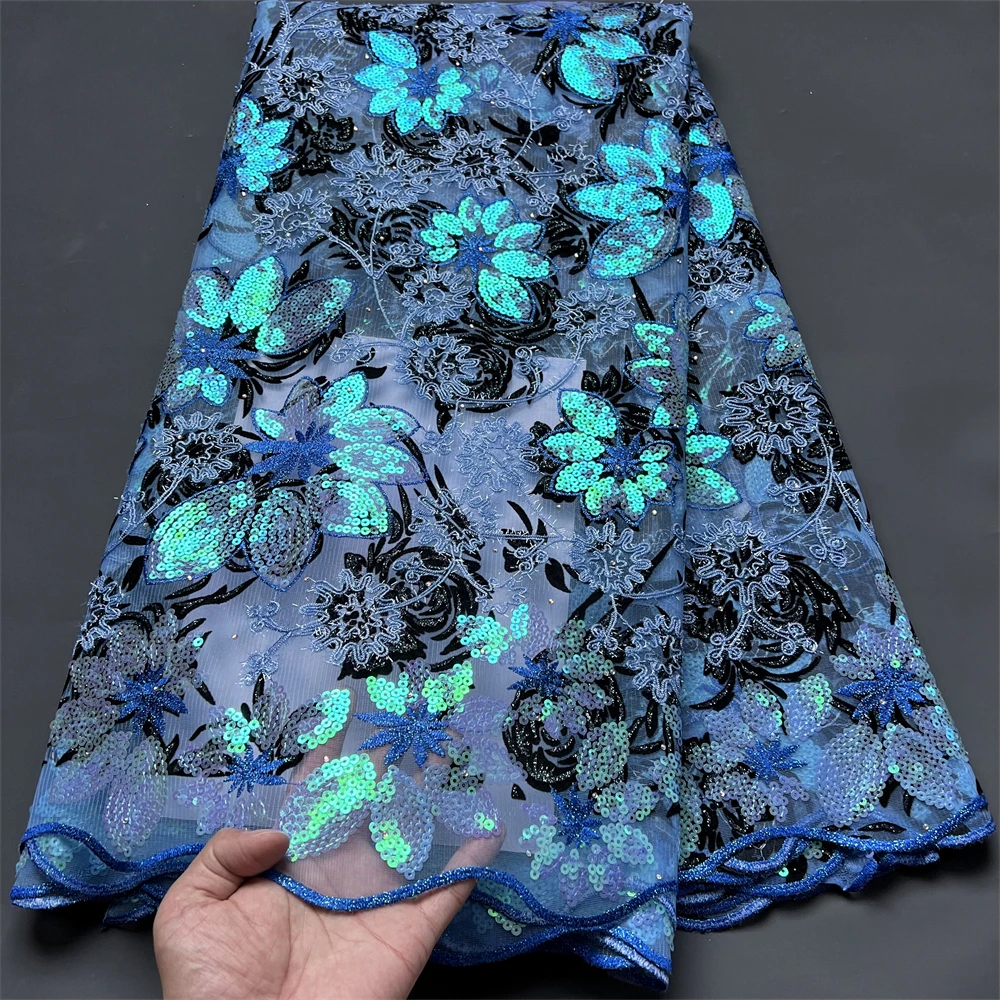 

French Sequins Velvet Lace Fabric 2024 Hot Sale African Velvet Lace Fabric Nigerian Velvet Lace For Party Women Dresses hz1187