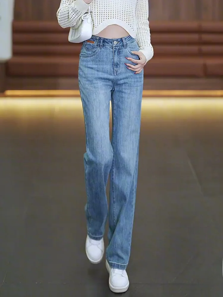 

Женские джинсы с высокой талией, прямые, зауженные, светло-голубые, с вышивкой, повседневные, из хлопкового стрейч-денима