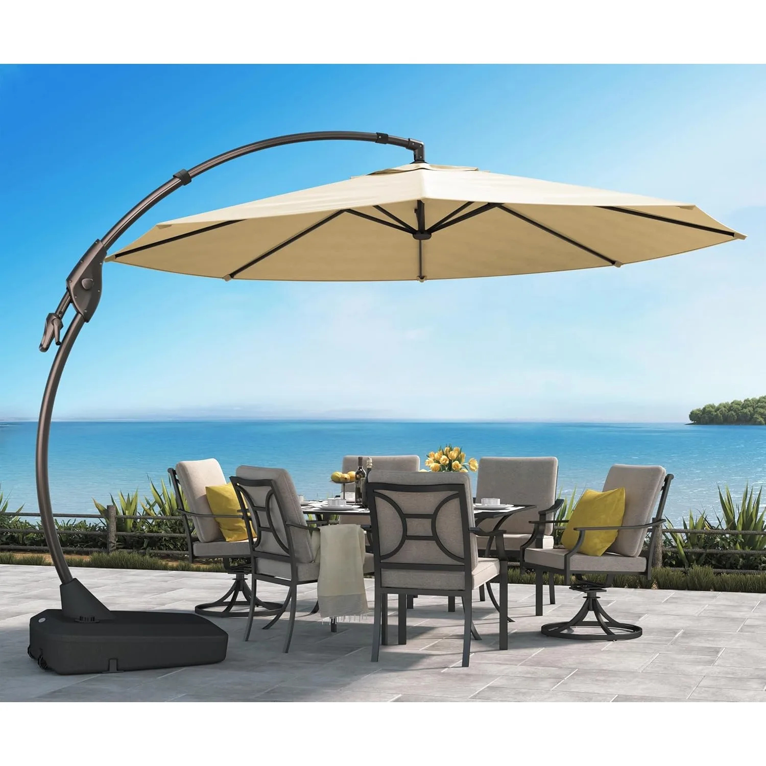 

Grand Patio 12 FT Sunbrella Cantilever Umbrella with Base Outdoor Aluminum Offset Round Shade with Tilt Adjustment Flax