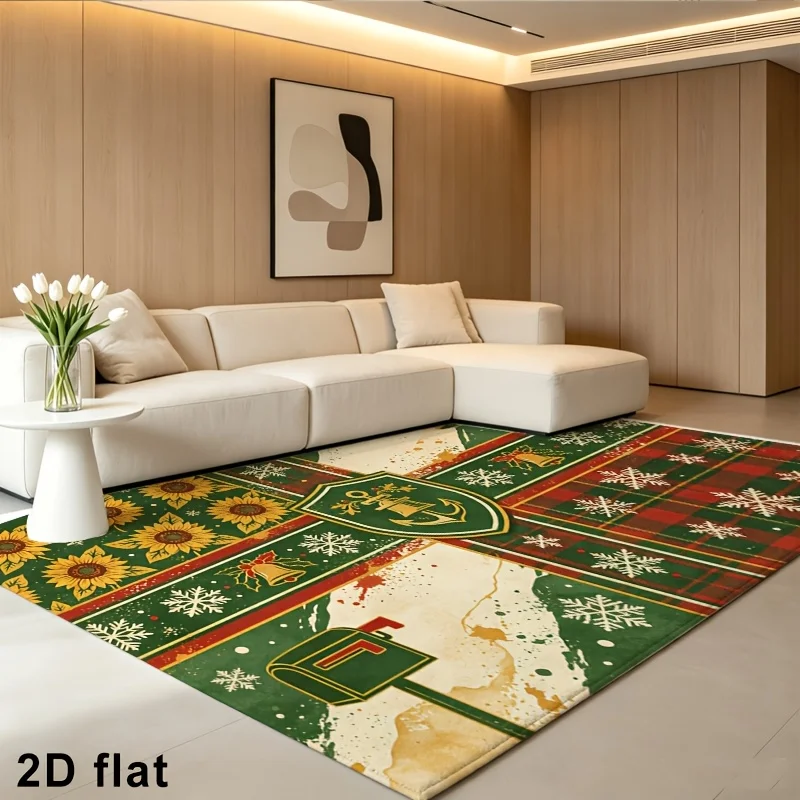 Large 2D Flat Christmas Snowflake Buffalo Check Rug, Soft Comfortable Retro Festive Decor for Living Room