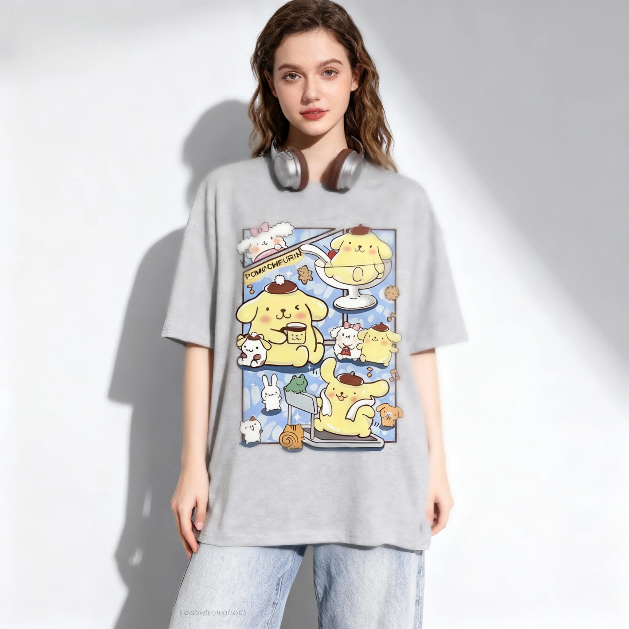 Новая американская спортивная одежда Sanrio Family Pudding Dog, милая крутая летняя футболка большого размера, женская и мужская спортивная одежда для взрослых