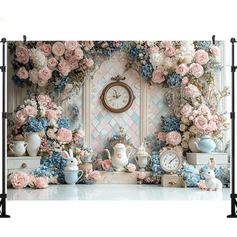 LS Alice in Wonderland Photography Backdrop Girls 1st Birthday Background Onederland Flower Tea Party Photo Banner Props