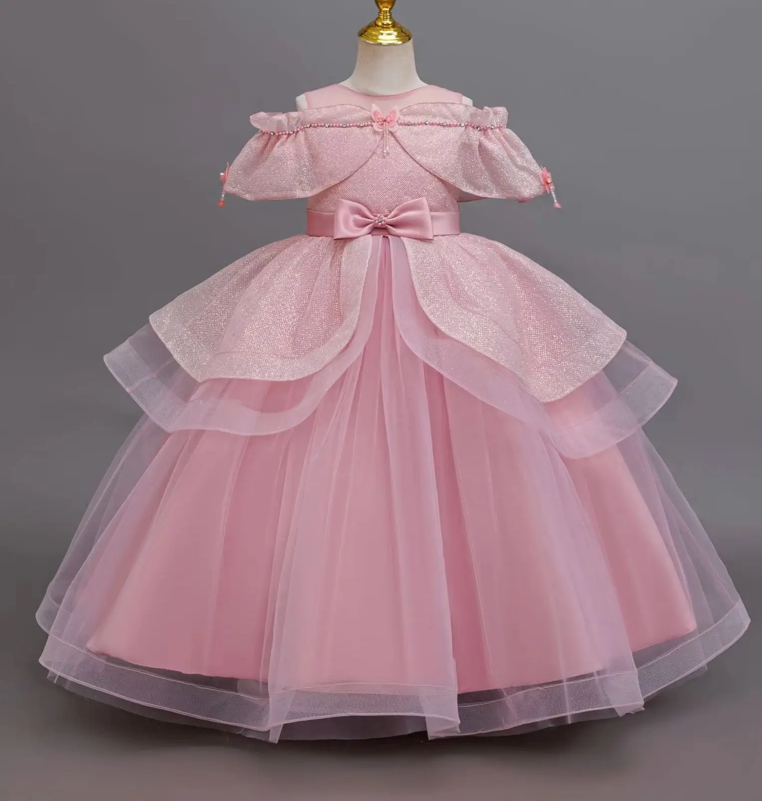 Girl Princess Dresses Butterflies Shiny Girls Concert Dress Gown 4-12 Years Child Clothes