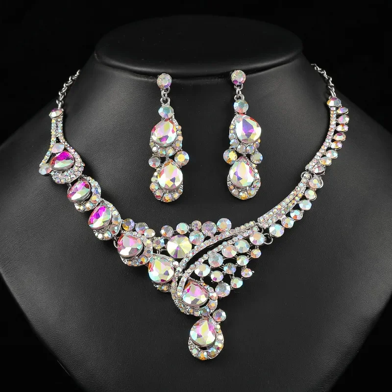 Fashion Gold Color Rhinestone Choker Necklaces earrings set  for Women Geometric Crystal Necklaces Bridal Weddings Jewelry Party