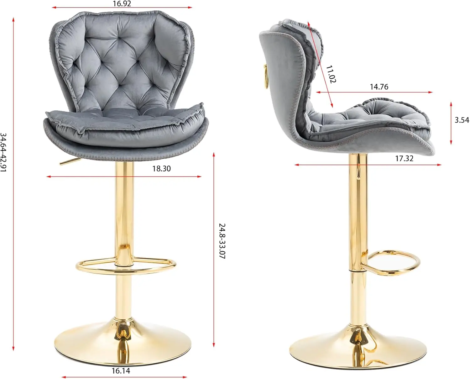 Danxee 24-33 Inch Velvet Bar Stools, Counter Height Adjustable Swivel Barstools High Bar Chairs With Back & Golden Metal Base,