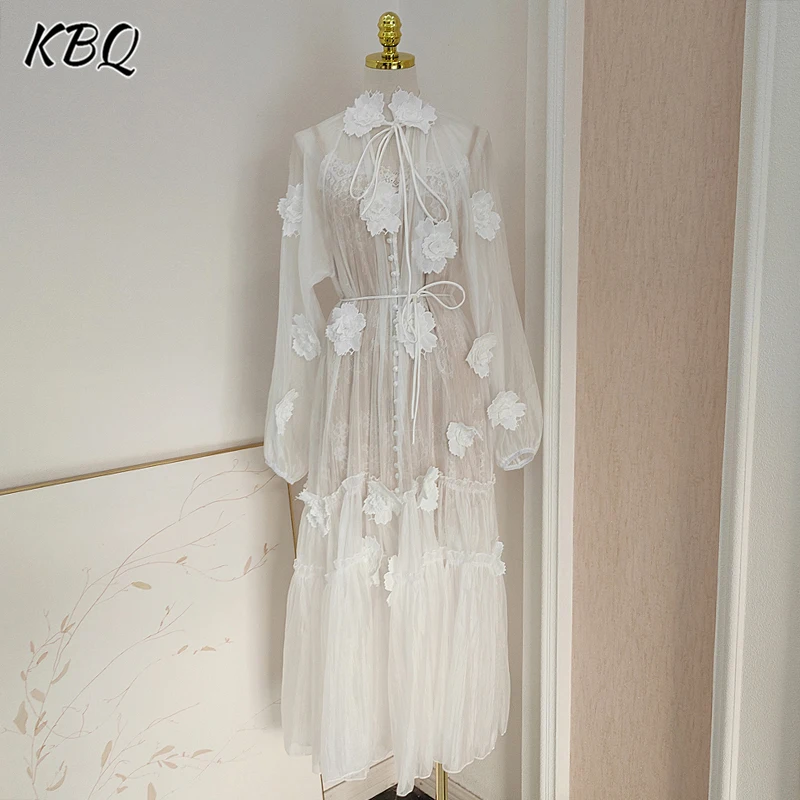 KBQ Solid Patchwork Appliques Elegant Long Dresses For Women V Neck Long Sleve High Waist Spliced Lace Up Dress Female Clothes