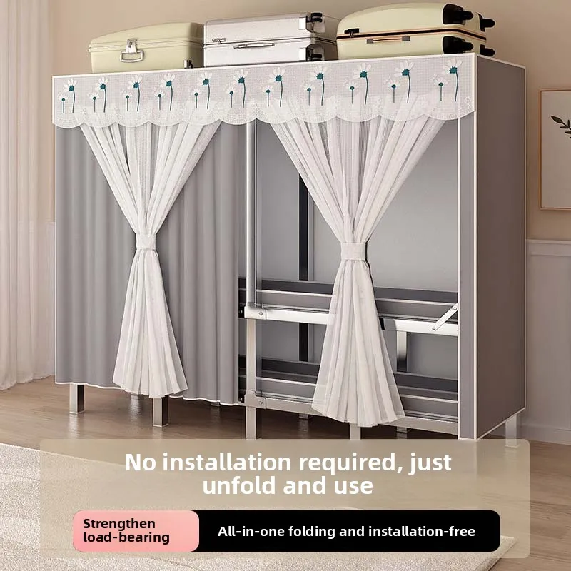 One-piece Installation-free Folding Cloth Wardrobe Bold And Thickened Full Steel Frame Hanging Wardrobe Household Bedroom