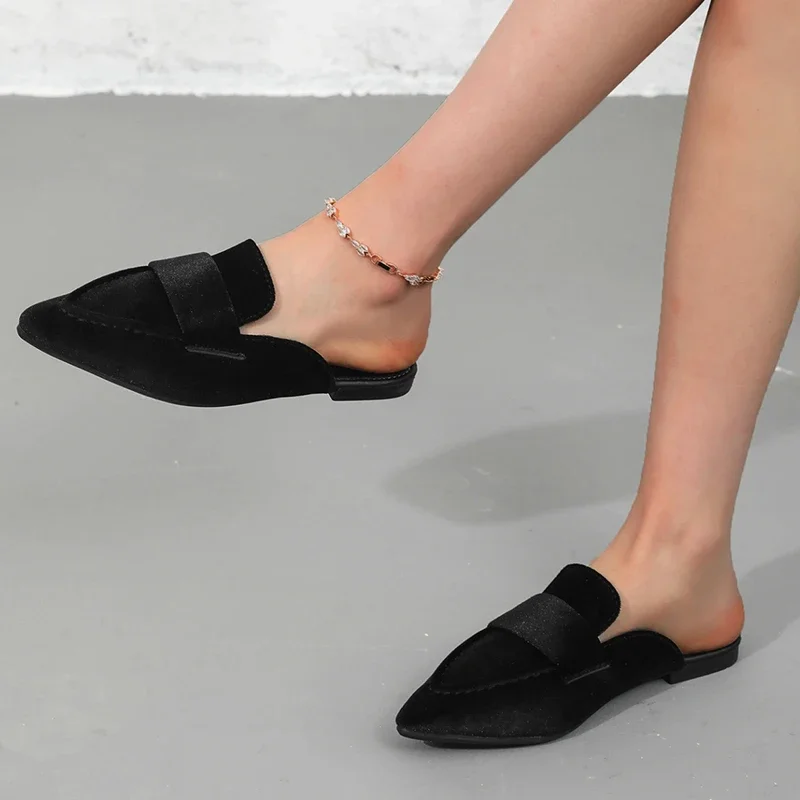 Szpiczaste palce damskie kapcie mieszkania zamszowe klapki buty Slingback sandały na co dzień 2024 moda nowe klapki japonki trend jesienny Lady