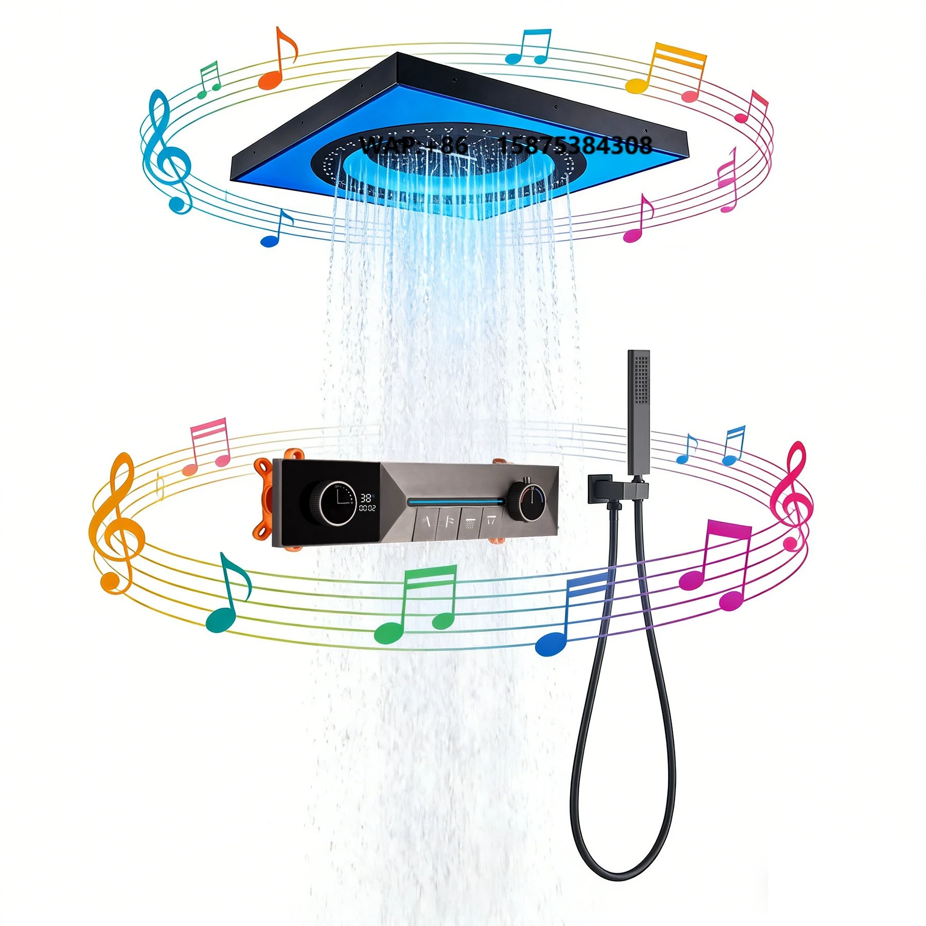 Luxury Ceiling Embedded LED Music Rainfall Waterfall Shower System Black Brass 4 Functions Thermostatic Shower Set