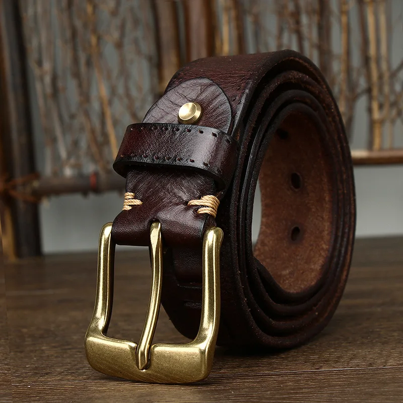 Men's retro fashion trend all-match pure cowhide copper buckle genuine leather belt casual braided belt