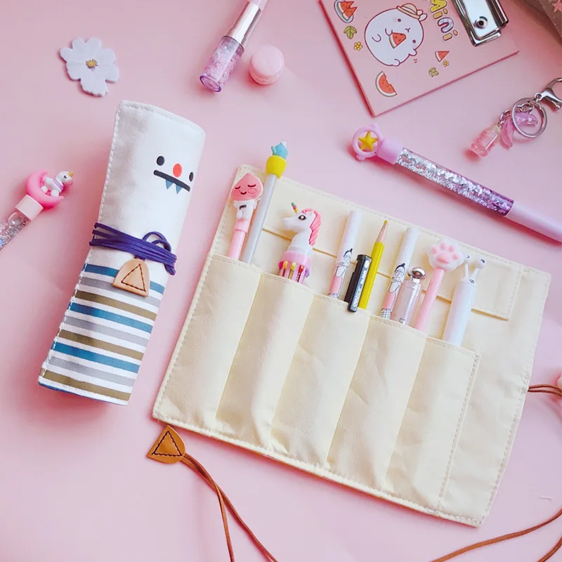 Canvas Smiley Roll Up Pencil Bag Creative Curtain Design Student Stationery Pouch School Supplies