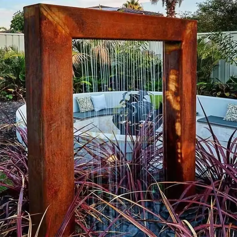 #q-EXW Corten Steel Rain Curtain Water Feature Gate Design With Recirculating Pump For Outdoor Garden Landscape Decorationo*