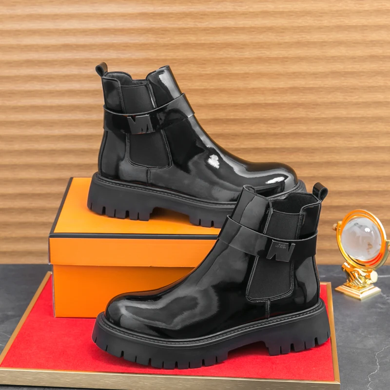 Seb45e60cf65a41e5aa149e28879802f0B Classic Black Patent Leather Chelsea Boots for Men with Side Zipper