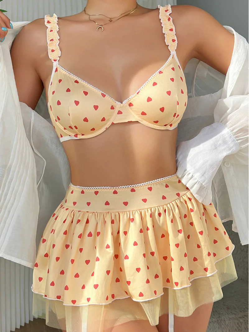 

Sexy Heart Printed Lace Mesh Sexy Seductive Short Skirt Thong Sets Backless Deep V Suspenders Sleeveless Skirt Sets Elegant Z0ZE