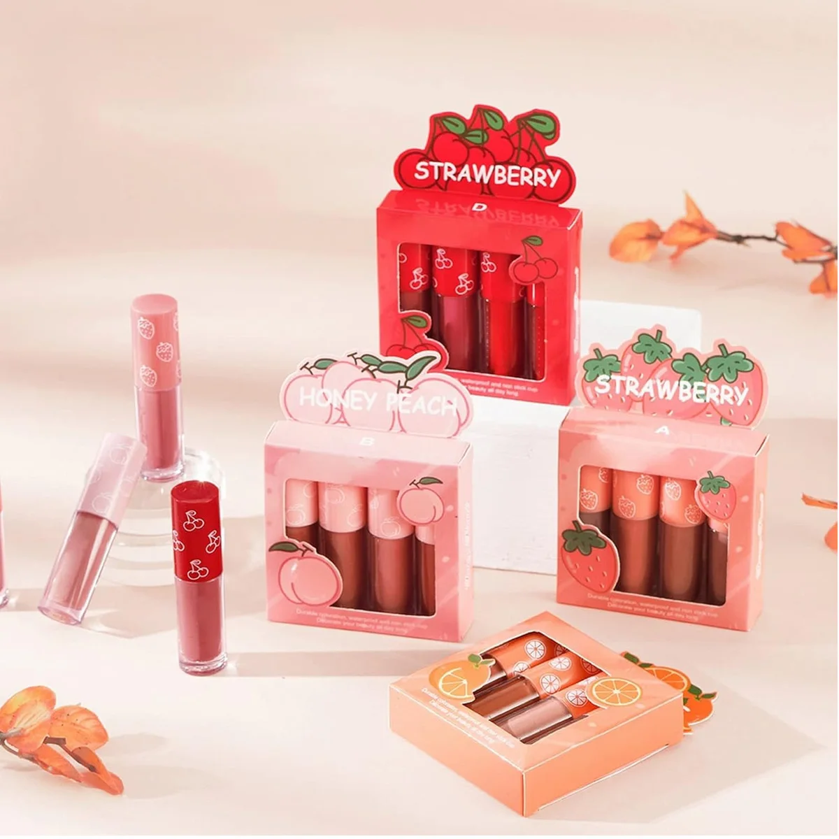 Velvet Matte Lip Gloss Set Non Fading And Non Stick Cup Fruit Makeup Lip Gloss Four Mini Set Box Colorful Exquisite Gifts