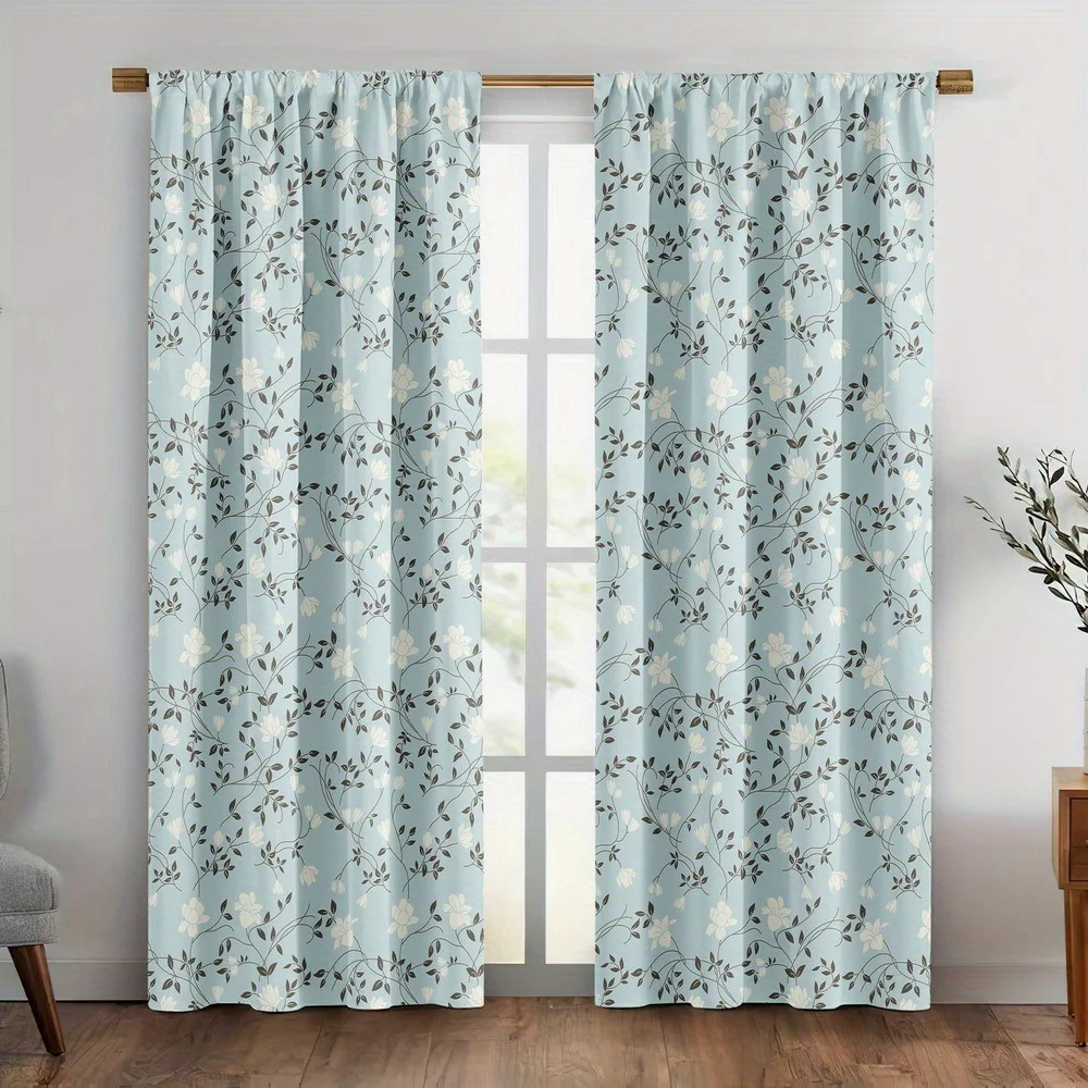 Elegant Light Blue Botanical Floral Pattern Polyester Curtains Pair for Bedroom Window Drapes Set Living Room Home Decor Curtain