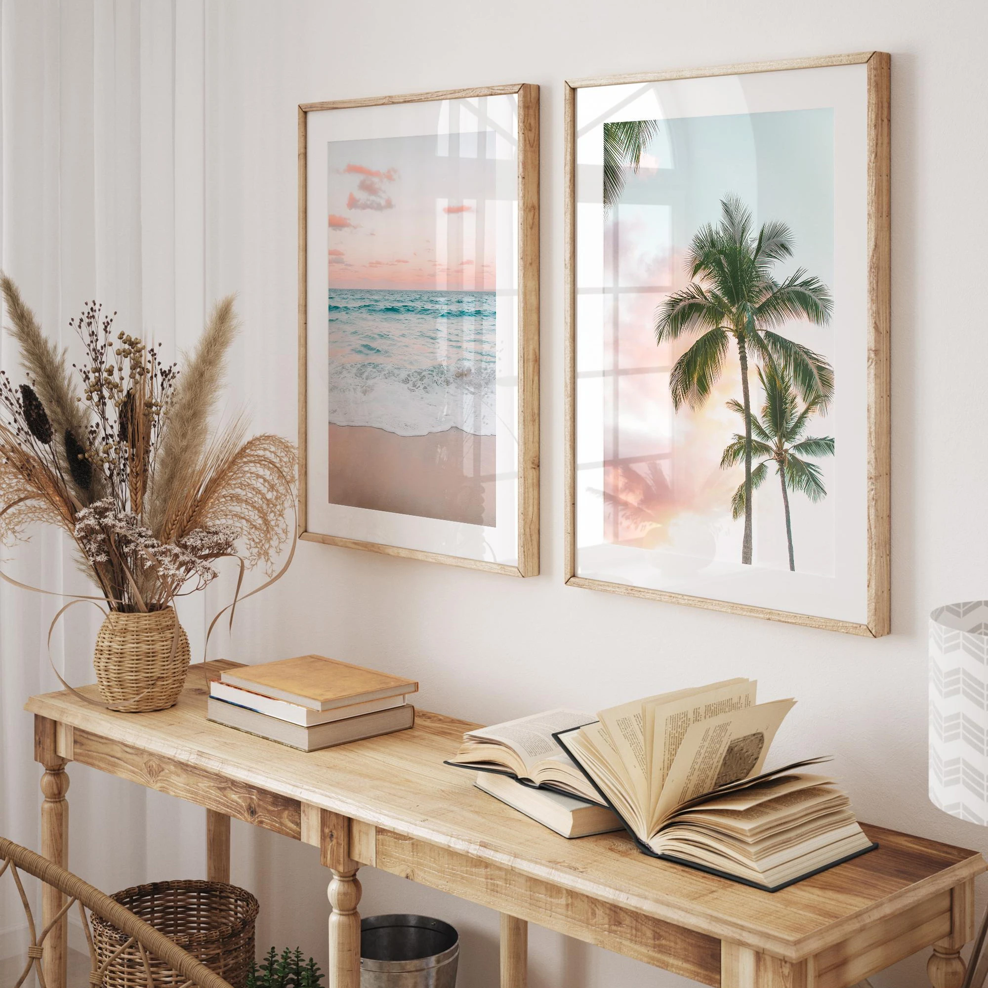 

Pink pastel coastal wall art. Set of two tropical prints. Palm tree photography. Pink beach canvas painting poster. Home decor