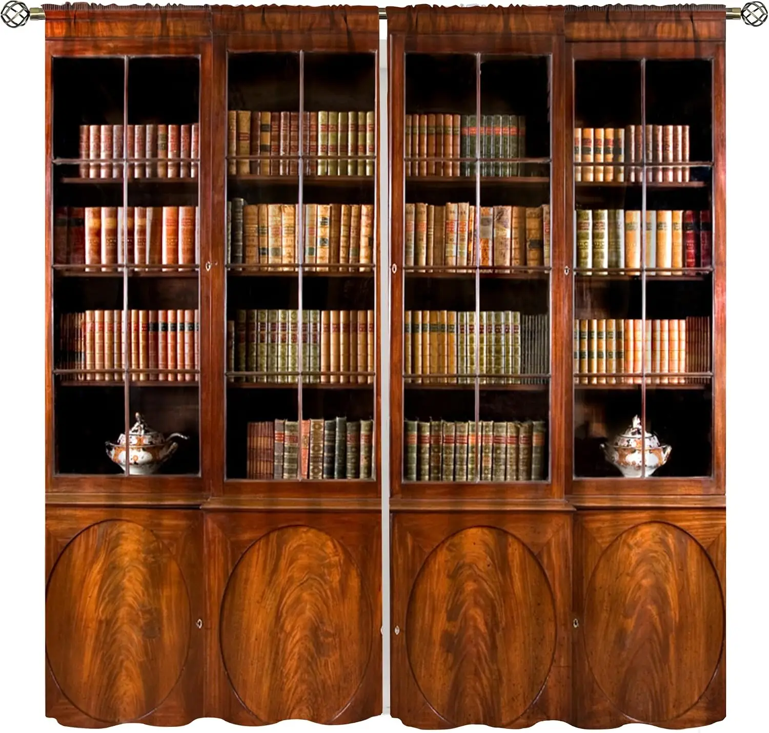 Vintage Wood Bookcase Curtain 2 Panels, Antique Glass Cabinet Old Hardcover Teapot Print, Drapes for Bedroom Study Curtain